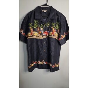 PALMWAVE HAWAIIAN BUTTON FRONT SHIRT-VINTAGE CARS, SURF BOARDS, PALM TREES MED.